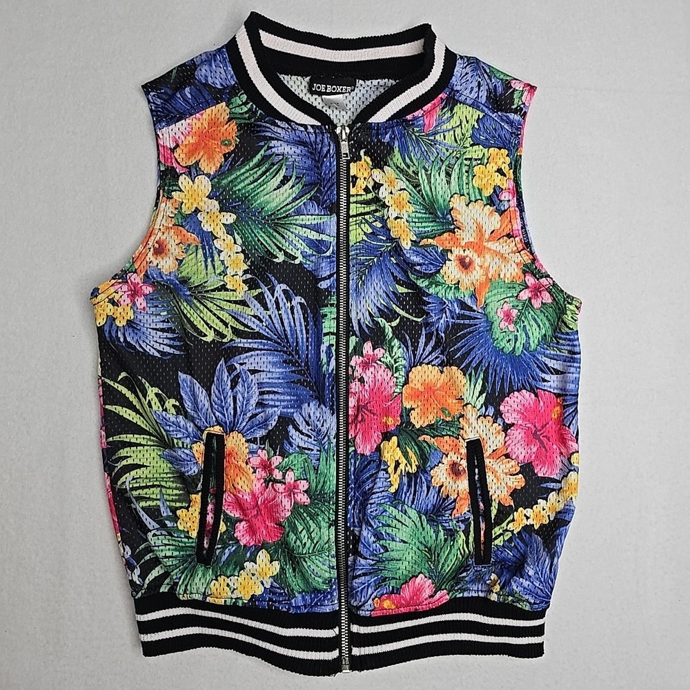 Joe Boxer Women Sz S Floral Sleeveless Mesh Zip‎ Up Vest Tropical Pockets Casual